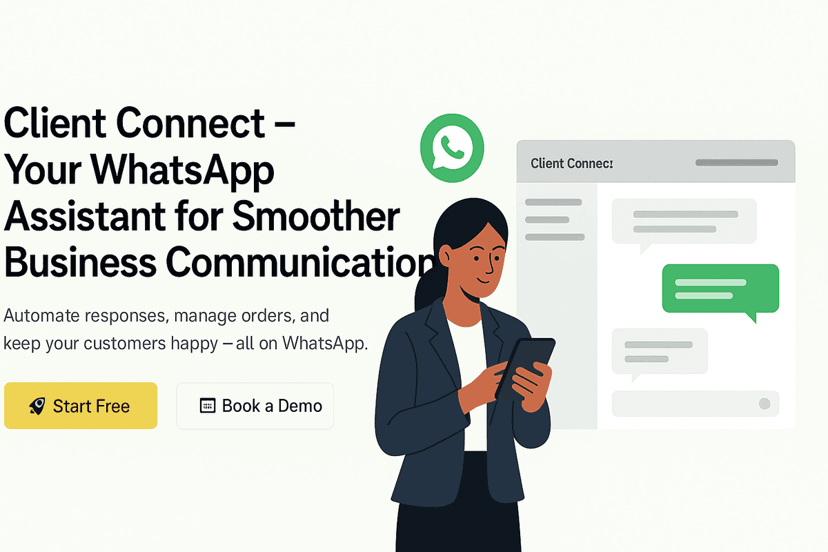 Professional woman using Client Connect on her phone with WhatsApp interface